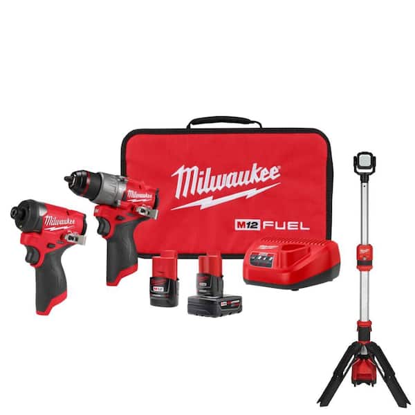 Milwaukee M12 FUEL 12-Volt Lithium-Ion Brushless Cordless Hammer Drill, Impact Driver, Stand Light Combo Kit w/2 Batteries & Bag