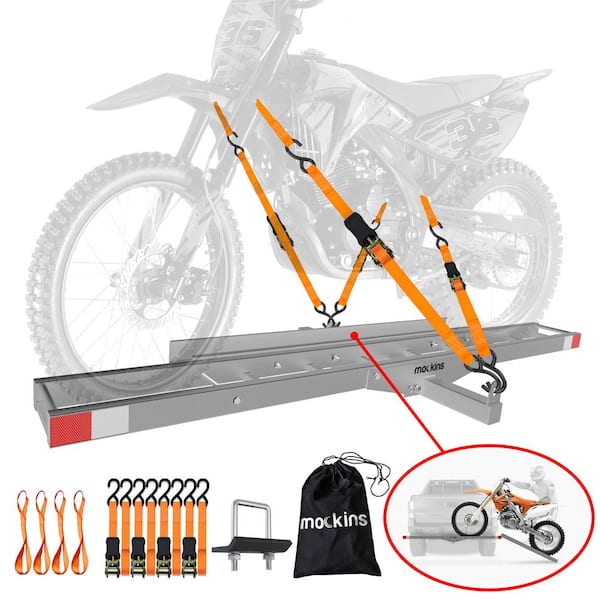 Mockins 500 lb. Capacity Heavy-Duty Steel Hitch Mount Dirt Bike Carrier 73in. Includes Loading Ramp, Straps and Hitch Stabilizer