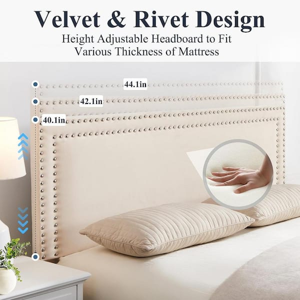 Platform Bed Frame Beige Metal Frame Full Size Platform Bed 4-Storage Drawers, Upholstered Bed Headboard
