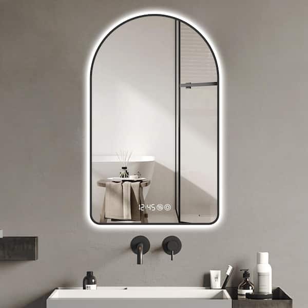 Black 28 in. W x 48 in. H Arched Aluminium Framed LED Modern Vanity Mirror