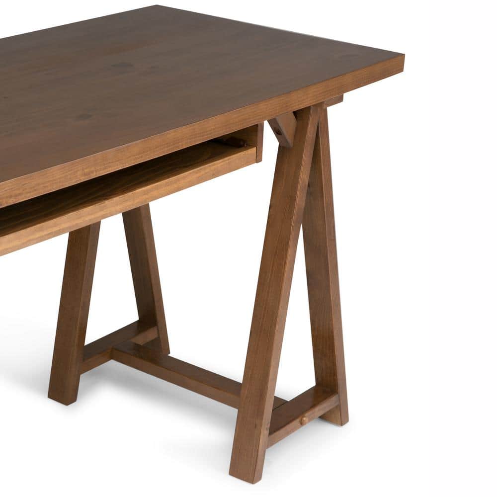 Sawhorse Solid Pine 60" Desk with Keyboard Tray in Medium Saddle Brown