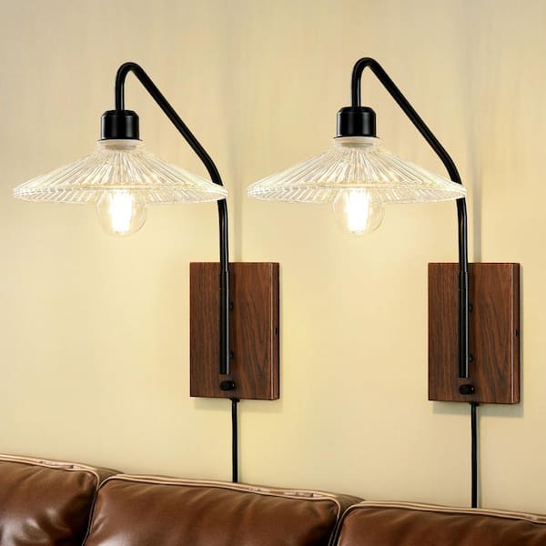 1-Light Black LED Mid Century Swing Arm Wall Lamp Light With E26 Base And Fluted Dome Glass Shade For Bedside(Set Of 2).