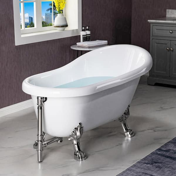 WOODBRIDGE Austin 54 in. Heavy Duty Acrylic Slipper Clawfoot Bath Tub in White, Claw Feet, Drain & Overflow in Brushed Nickel