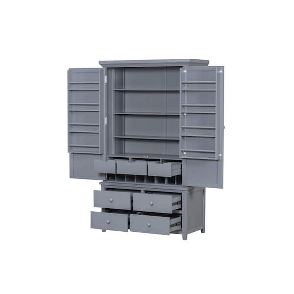 Unbranded Gray Freestanding Kitchen Pantry Wooden Kitchen Storage Cabinet Cupboard with Door Adjustable Shelves Wine Racks