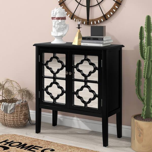 GODEER Black Wood Buffet Sideboard Storage Cabinet with Mirrored