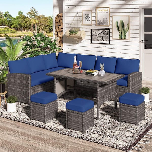 Sudzendf 7-Pieces Patio Wicker Furniture Dining Set with Dark Blue Cushions