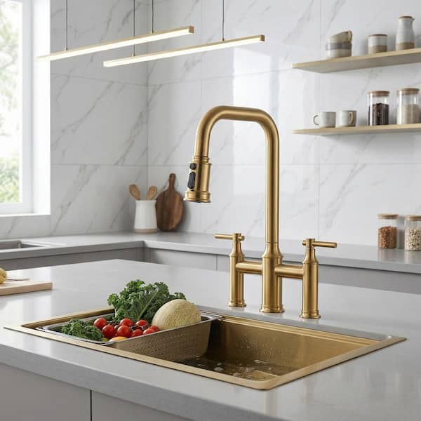 3 Patterns Double Handle Pull Down Bridge Kitchen Faucet with 360° Swivel Spout for 3 Holes in Brushed Gold