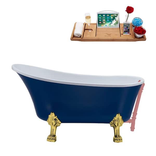 Streamline 63 in. x 28.3 in. Acrylic Clawfoot Soaking Bathtub in Matte Dark Blue with Polished Gold Clawfeet and Matte Pink Drain