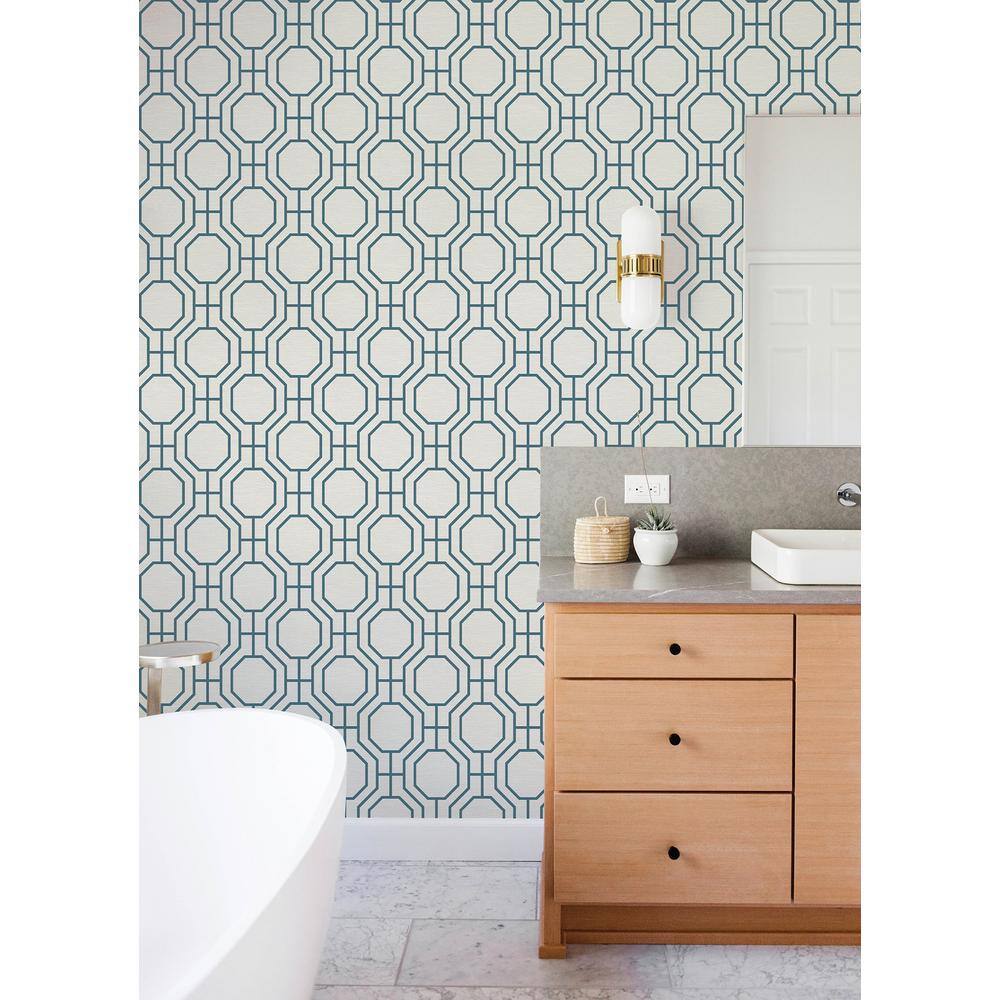 Blue Geometric Trellis Non-Pasted Grasscloth Wallpaper