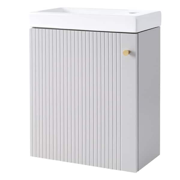 WELLFOR 16 in. W x 9 in. D x 20.5 in. H Single Sink Wall Bath Vanity in Gray with White Ceramic Top, Left Open