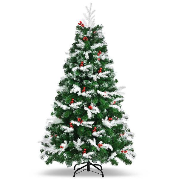 Gymax 5 ft. Snow Flocked Artificial Christmas Tree Hinged Xmas Tree with Red Berries