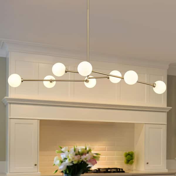 Modern 8-Light Gold Branch Sputnik Chandelier with Globe Opal Glass Shades for Living Room Kitchen Island