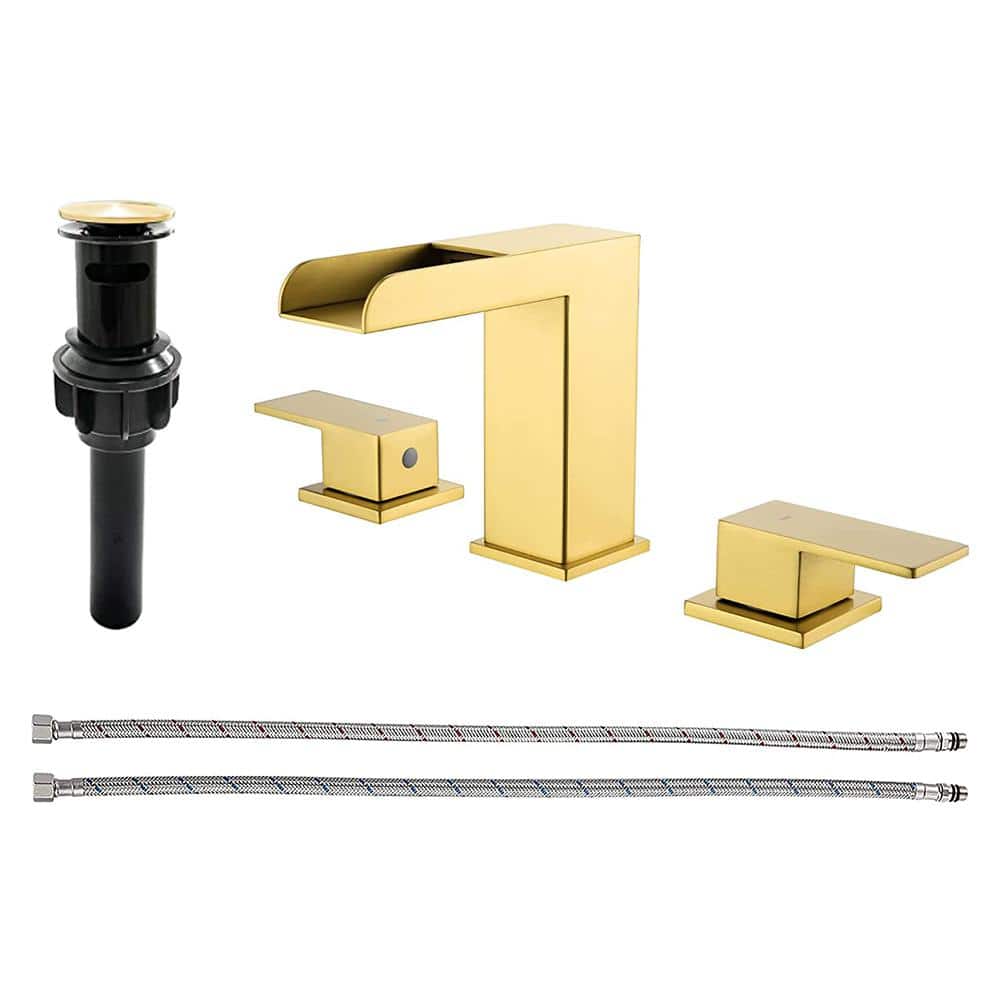 UKISHIRO 8 in. Widespread Double Handle Bathroom Faucet with Drain Kit Included and Supply Lines and Drip Free in Brushed Gold