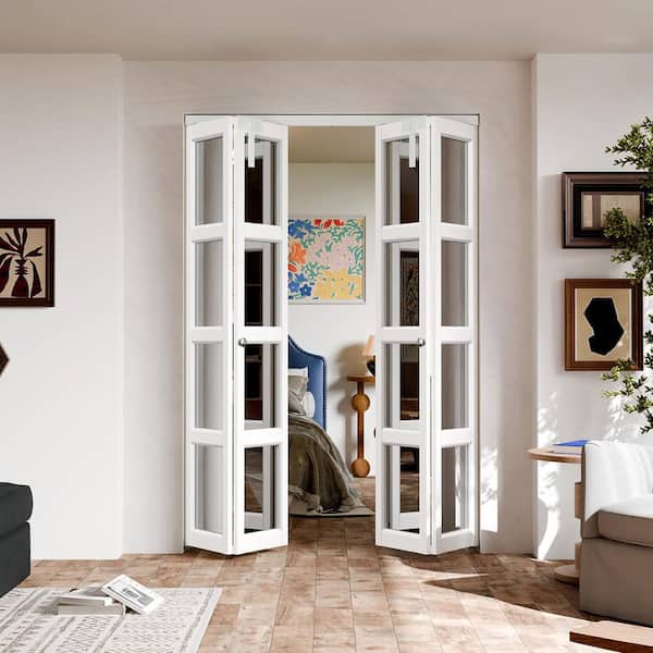 60 in. x 80 in. 4 Lite Mirrored Glass Solid Core White PVC Covering MDF Bi-fold Door with Locks and Handles