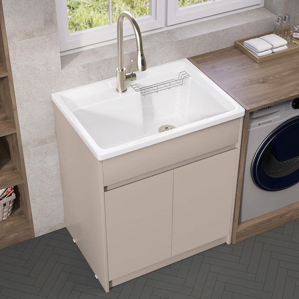 All-in-One 30 in. W x 22 in. D x 36 in. H Drop-in Freestanding Laundry Sink with Cabinet in Beige Utility Sink