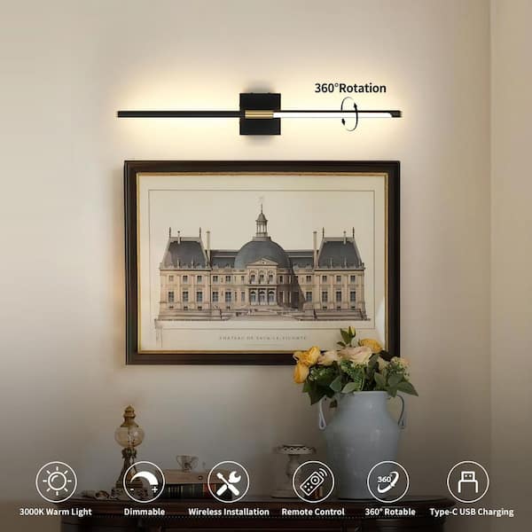 24 in. Black Gold Rechargeable Battery Operated Wall Sconce (Set of 2) Modern 360° Rotatable LED Wall Light with Remote