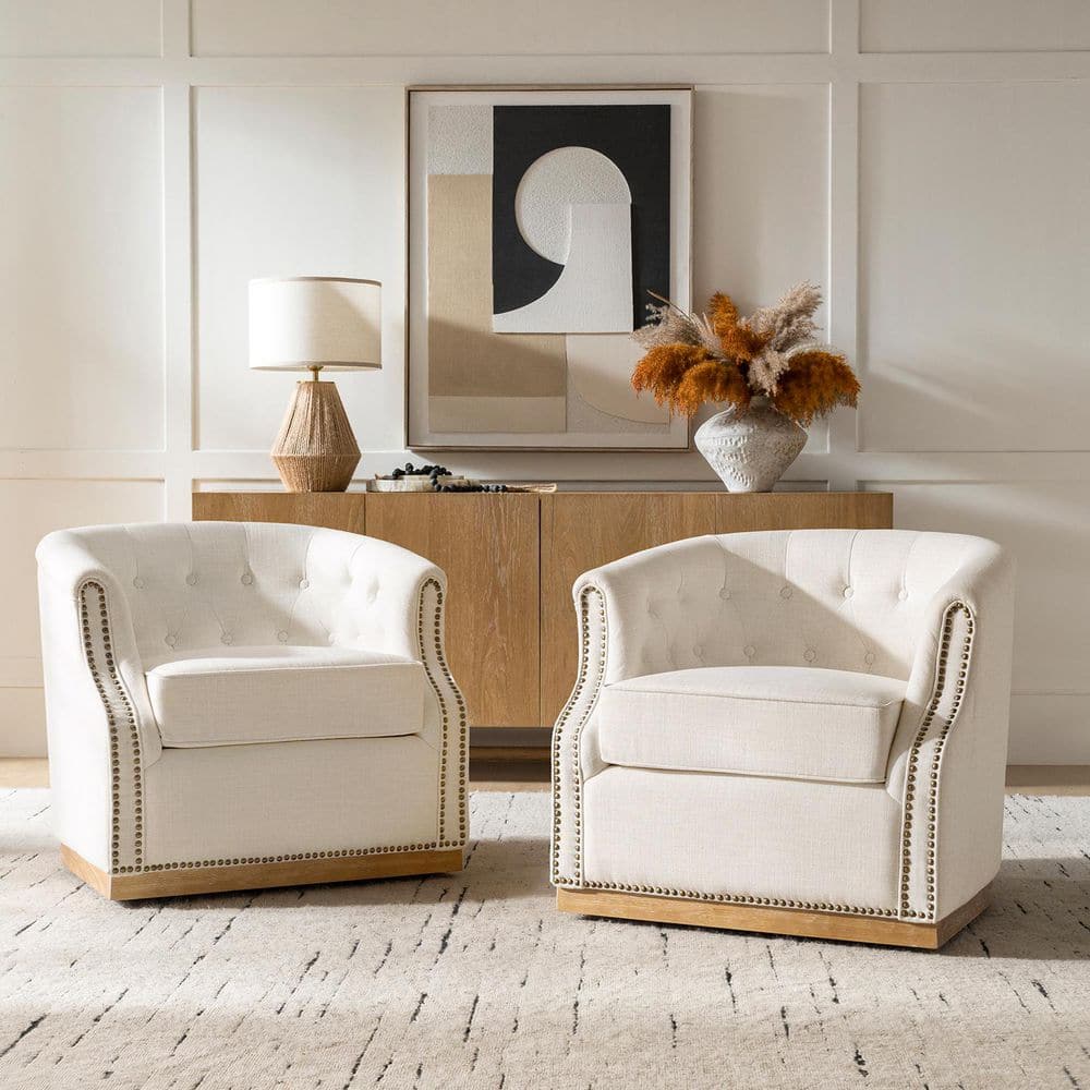 Rune Ivroy Farmhouse Upholstered Polyester Swivel Arm Chair Set of 2