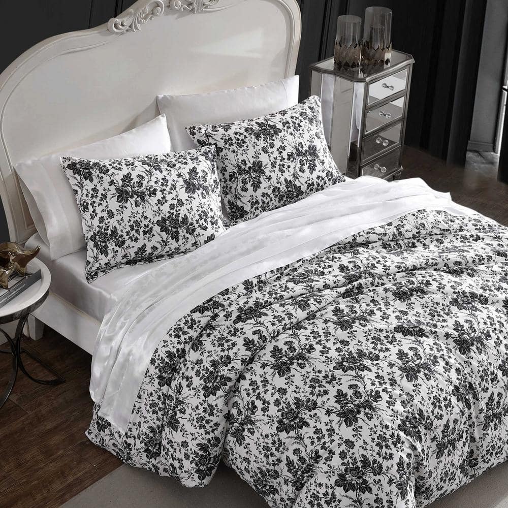 King Black and White Floral Polyester Duvet Cover Set