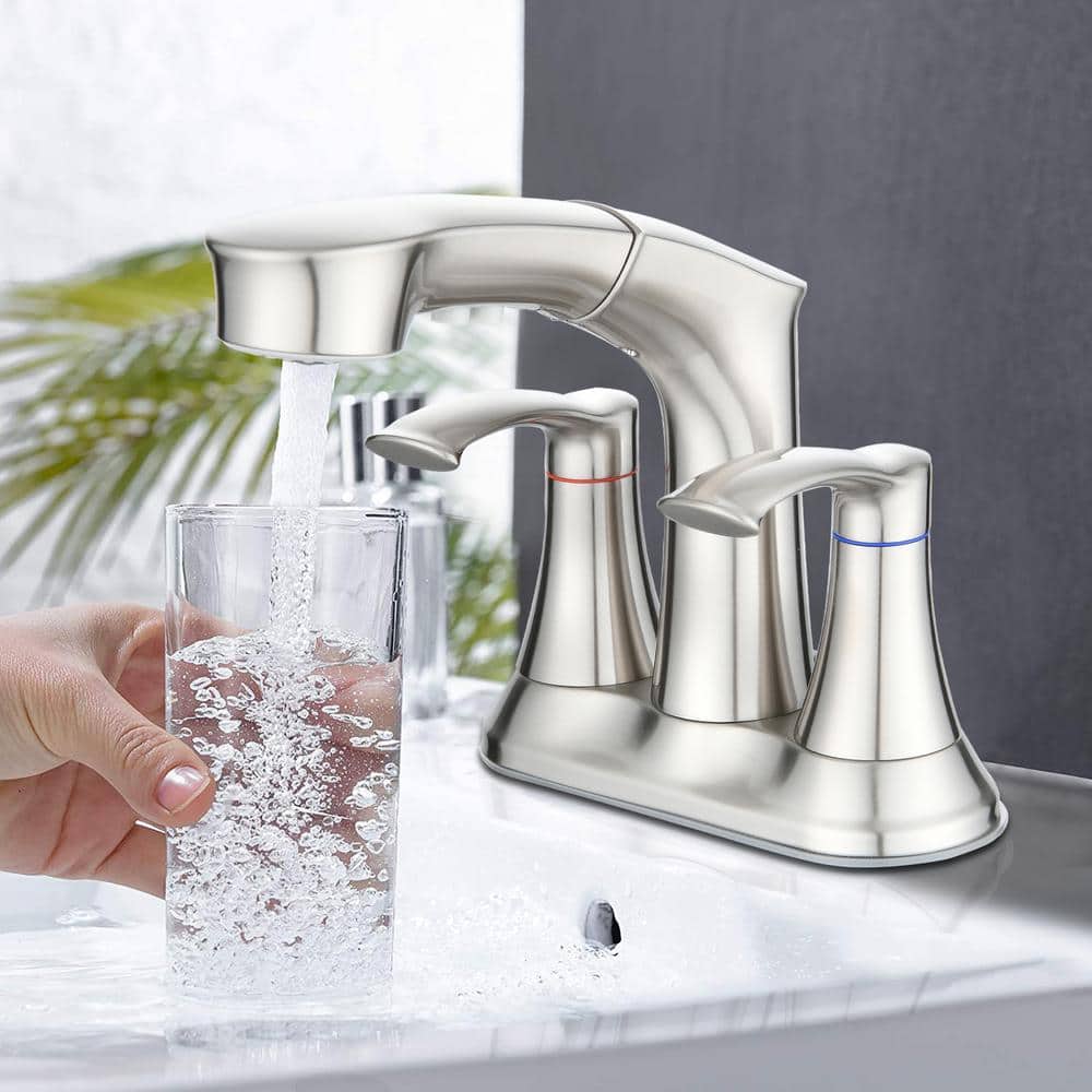 Centerset Faucet 2 Handle 4 in. Bathroom Faucet with Pull Out Sprayer, Stai