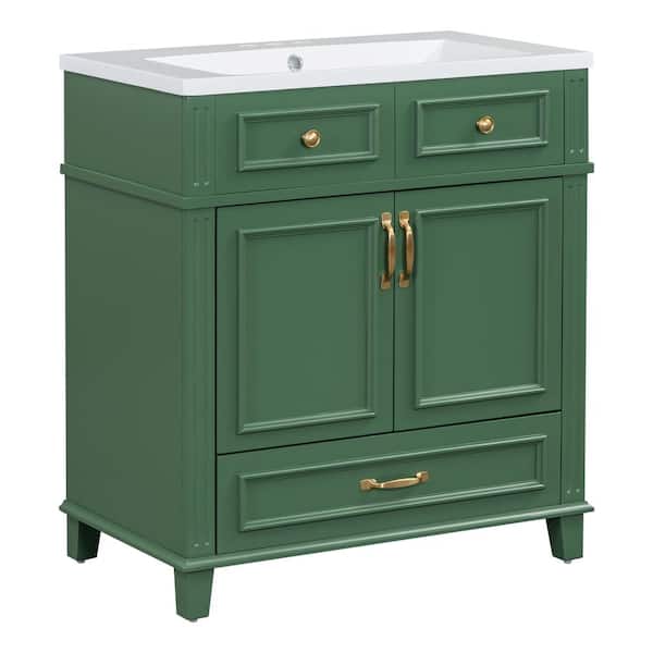 Aoibox 30 in. W Single Sink Freestanding Bath Vanity in Green with White Resin Sink Top