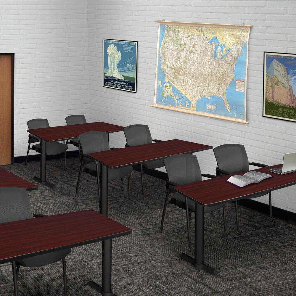 Cain 48 in. x 24 in. Mahogany T-Base Training Seminar Table Desk and 2 Knight Mesh Chairs