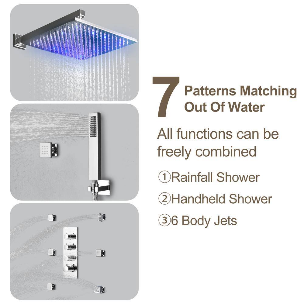 12 Inch Chrome LED Wall Mounted Rain Shower System with Handheld and Body Jets