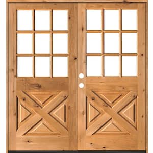 64 in. x 80 in. Knotty Alder 2 Panel Right-Hand/Inswing 1/2 Lite Clear Glass Clear Stain Double Wood Prehung Front Door