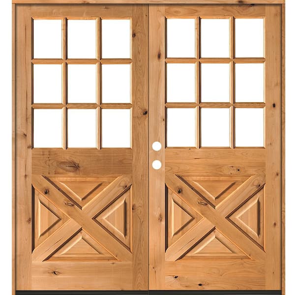Krosswood Doors 72 in. x 80 in. Knotty Alder 2-Panel Right-Hand/Inswing 1/2 Lite Clear Glass Clear Stain Double Wood Prehung Front Door