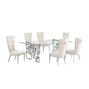 Dominga 7-Piece Rectangular Glass Top Stainless Steel Base Dining Set Seat Capacity 6 Cream Velvet Fabric