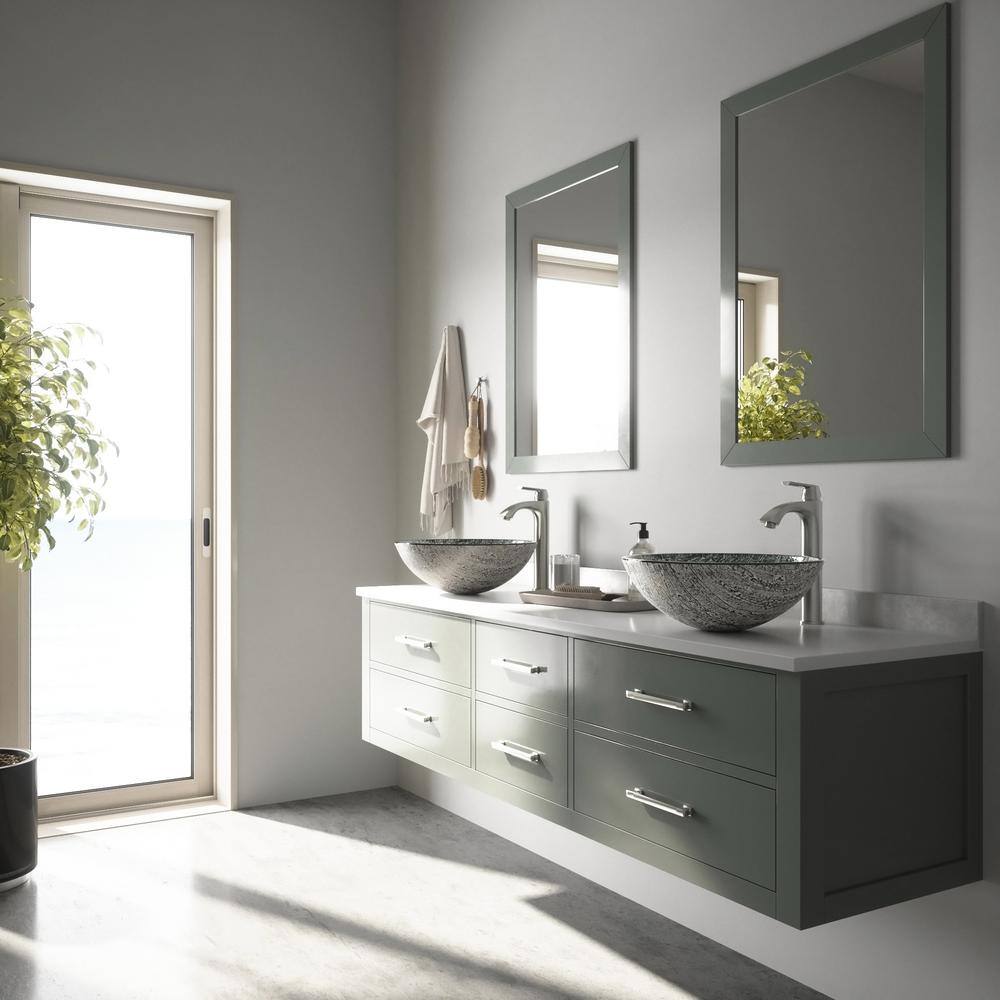 Slate Grey Round Glass Vessel Sink with Brushed Nickel Faucet
