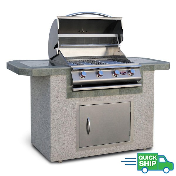 Cal Flame 6 ft. Stucco and Tile Grill Island with 4 Burner Gas Grill in Stainless Steel