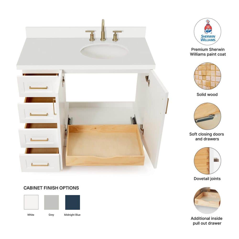 White Wood Freestanding Single Bathroom Vanity with Quartz Top