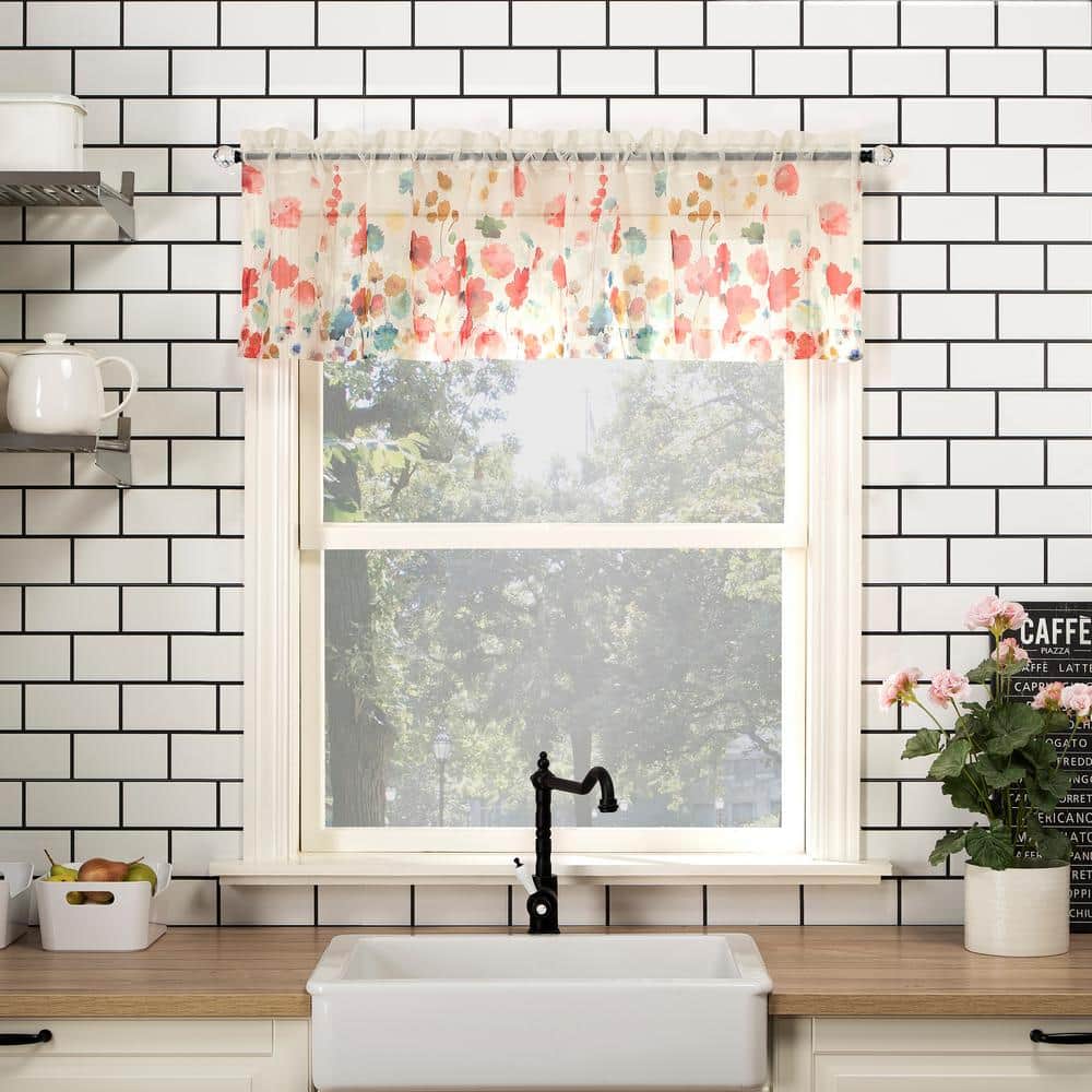 Poppy Red Floral Sheer Polyester Rod Pocket Kitchen Curtains, 54" x 24"