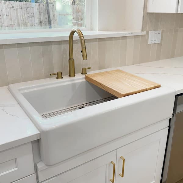 Parker 34 in. 3-Hole Quick-Fit Farmhouse/Apron-Front Drop-In Single Bowl White Fireclay Workstation Kitchen Sink