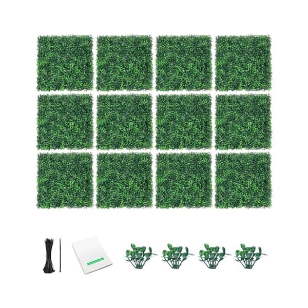 20 in. H x 20 in. W Green Indoor/Outdoor Decor Artificial Grass Wall Panels 12-Piece Faux Boxwood Hedge Panels