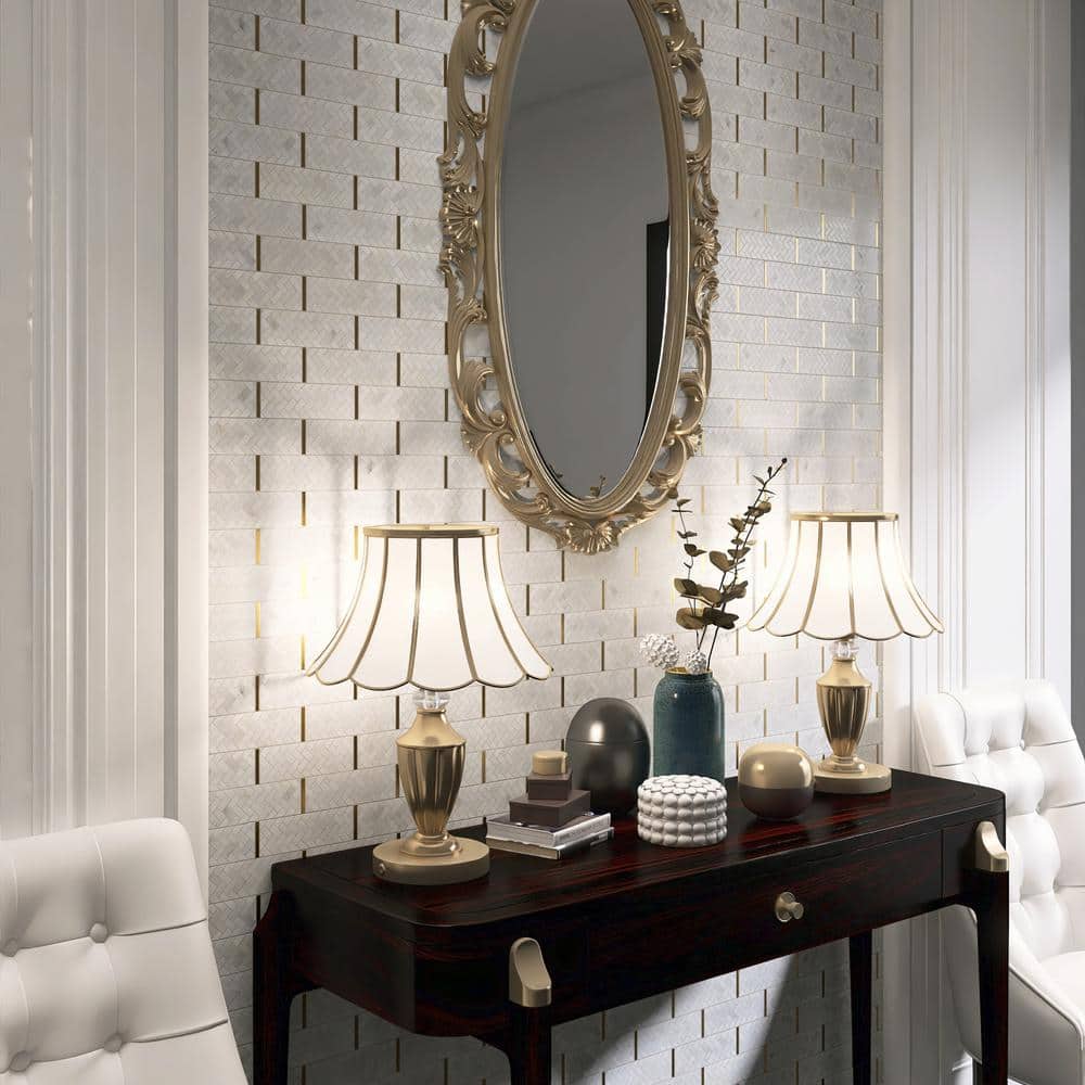 White and Gold Polished Marble Brick Joint Mosaic Tile