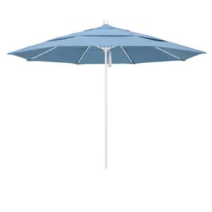 11 ft. White Aluminum Commercial Market Patio Umbrella with Fiberglass Ribs and Pulley Lift in Air Blue Sunbrella