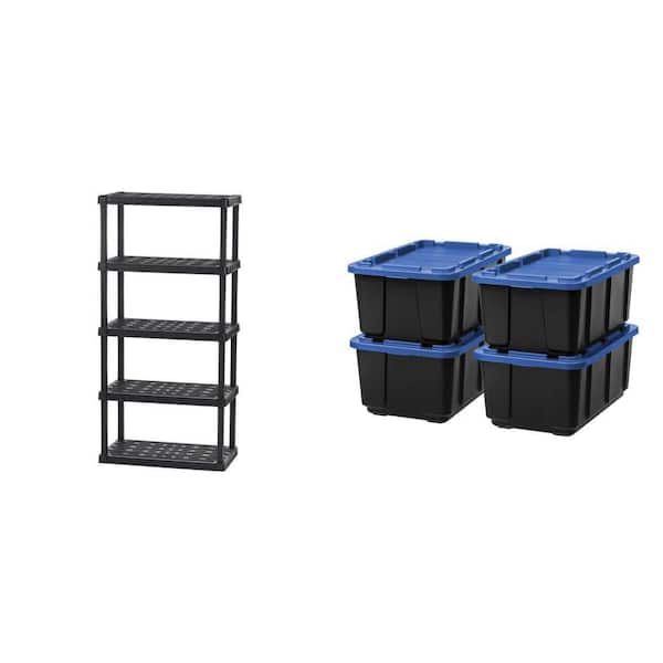 5-Tier Garage Shelving Unit, Black (18 in. x 74 in. x 36 in.) and 27 Gal. Storage Totes with Lids, Black-Blue, 4-Pack