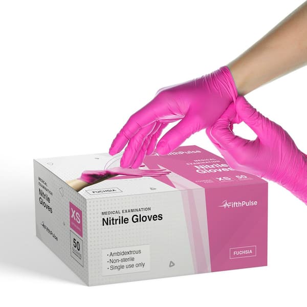 FifthPulse Extra Small Nitrile Exam Latex Free and Powder Free Gloves in Fuchsia - (Box of 50)