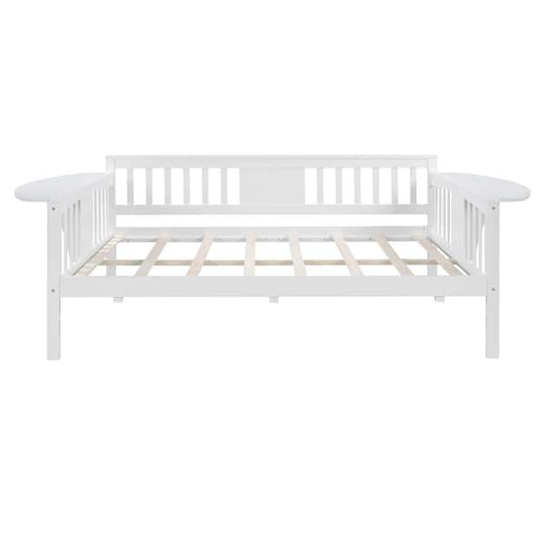 ANBAZAR White Full Size Wood Daybed with Small Stables, Solid Wood Daybed Sofa Bed Frame with Wood Slat, No Box Spring Needed