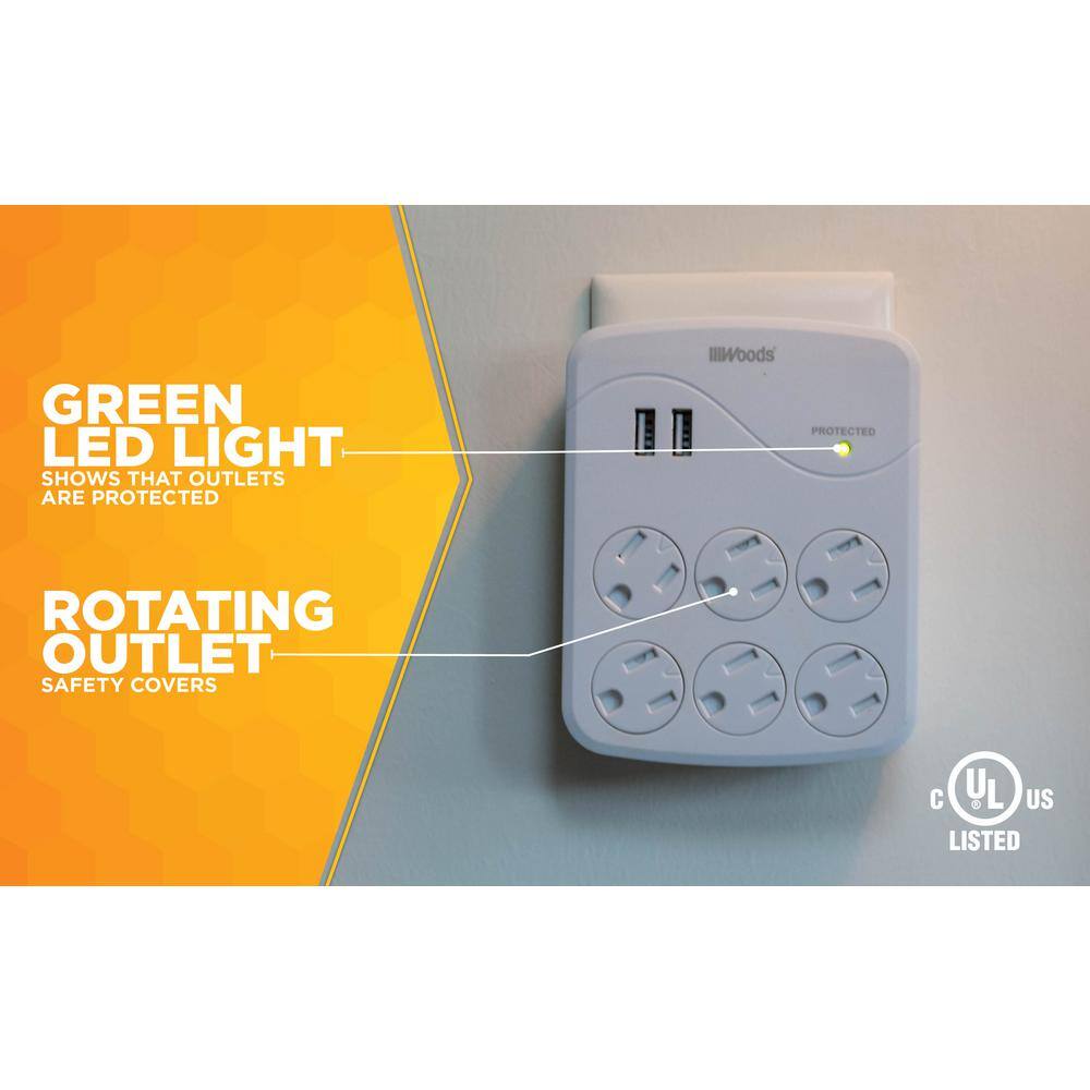 White 6-Outlet Surge Protector with 2 USB Ports
