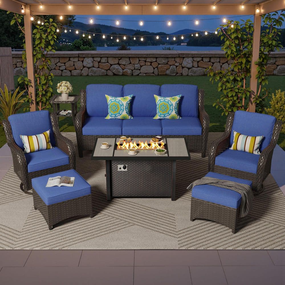 Bali 7 Pieces Wicker Outdoor Patio 42 in. Rectangular Fire Pit Set and Swivel Rocking Chairs with Navy Blue Cushions price history on PriceWatchPro