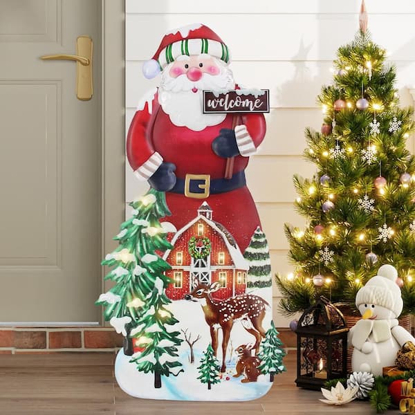 40 in. Red Steel Battery Operated Floor Standing Pre-Lit Santa Christmas Sign with LED Lights