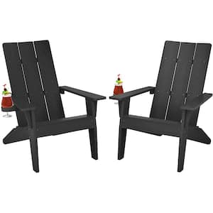 Oversize Modern Black Plastic Outdoor Patio Adirondack Chair with Cup Holder (2-Pack)