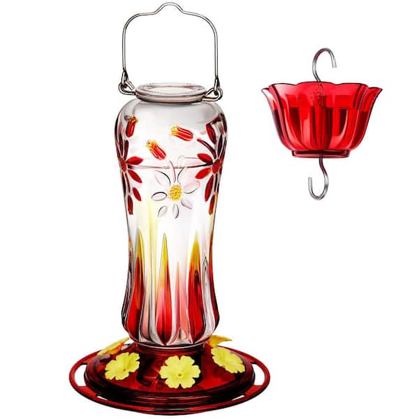 Leak Proof Royal Red Glass Bee Guard Hanging Hummingbird Nectar Feeder-25 oz. with Ant Moat 1-Pack