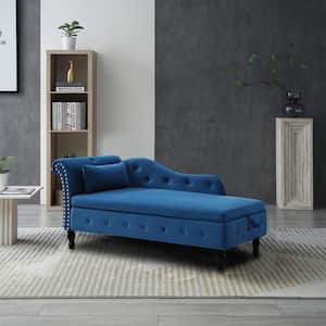 60" W Blue Velvet Storage Chaise Lounge with 1 Pillow