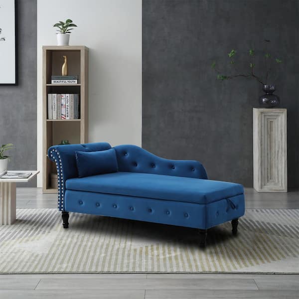 60" W Blue Velvet Storage Chaise Lounge with 1 Pillow