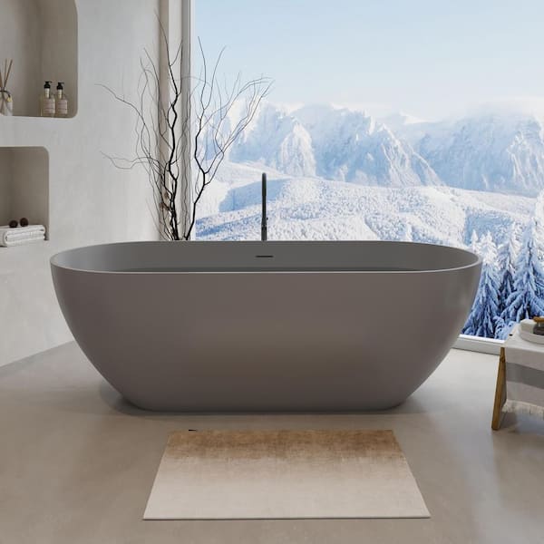 59 in. x 29.5 in. Freestanding Solid Surface Resin Stone Soaking Bathtub with Drain and Overflow in Matte Gray