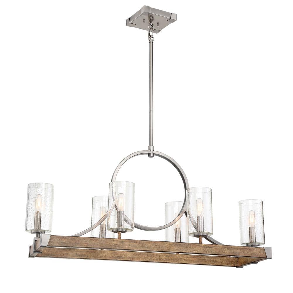 Sun Faded Wood and Nickel 6-Light Glass Chandelier