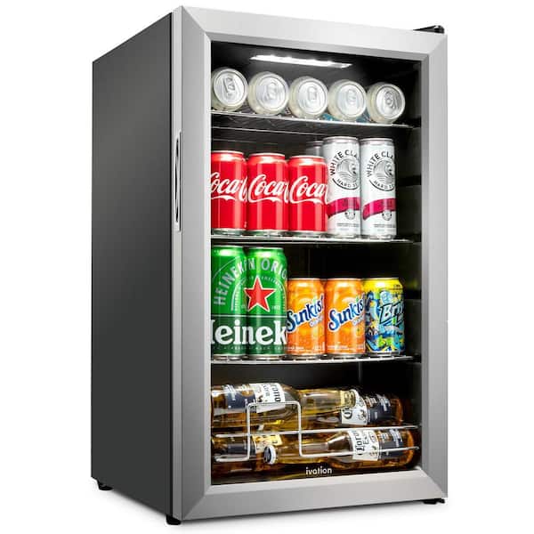 Ivation 17.7 in Single Zone 101 Can Beverage Refrigerator, Freestanding Mini Fridge with Glass Door in Stainless Steel